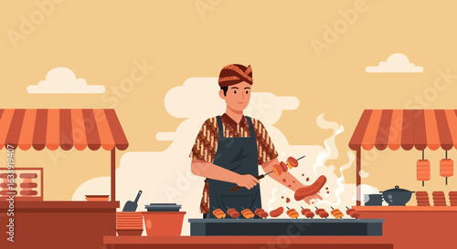 Traditional Street Food Vendor Grilling Delicious Skewers at Outdoor Market Stall