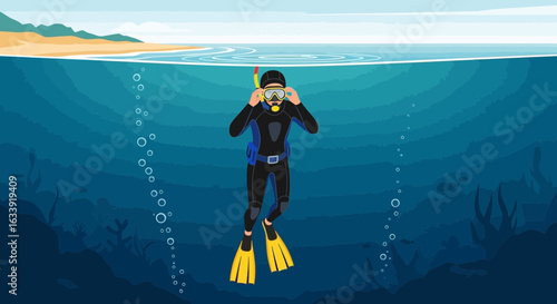 Scuba Diver Prepares For Deep Sea Adventure In Tranquil Waters