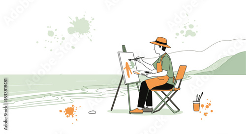 Seaside Serenity: Artist Painting Scenic Coastline, Capturing Coastal Vistas