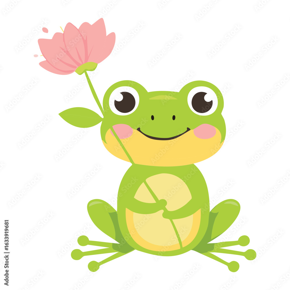 Fototapeta premium Cute Frog Holding A Pink Flower In Its Hand