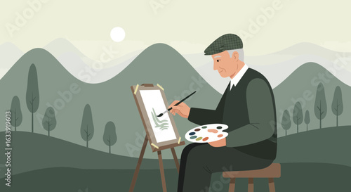 Senior Artist Creating Nature Scenery On Canvas During Outdoor Painting Session