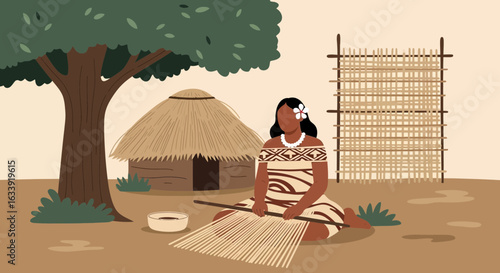 Traditional Weaving Illustration In Village Setting With Natural Materials