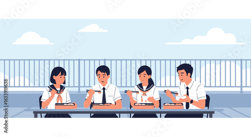 Students Enjoying Lunch Together At School Rooftop On A Bright Day Illustration