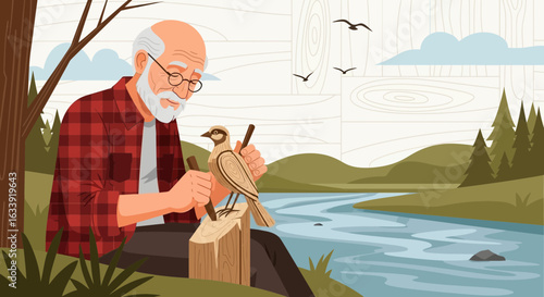 Senior Craftsman Carefully Carving A Wooden Bird In A Serene Lakeside Setting