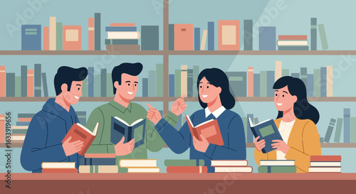 Students Enjoying Reading Books Together In the Library Setting Vector