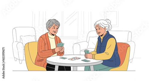 Senior Friends Enjoying A Card Game Together In Retirement Home Lounge