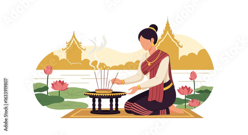 Traditional Woman Offering Incense Near a Temple in Southeast Asia