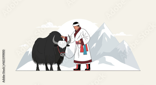 Serene Encounter Man And Yak In The Himalayan Landscape Peaceful Harmony