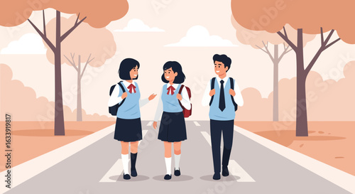 Students Heading To School In Autumn Season Representing Education And Friendship