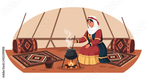 Traditional Woman Preparing Meal In Authentic Yurt In Central Asia
