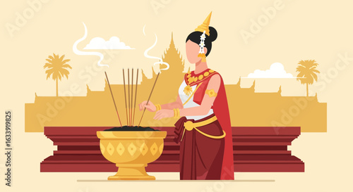 Traditional Woman Offering Incense Sticks At Temple Ceremony Illustration