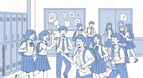 Students In Uniform Meet At School Hallway Illustration With Lockers And Noticeboard