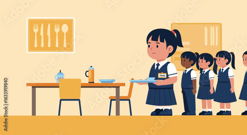 Students In Uniforms Waiting With Trays In The School Cafeteria Line