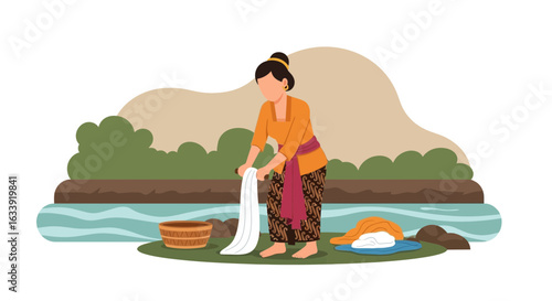 Traditional Woman Washing Clothes By The River In Java Indonesia
