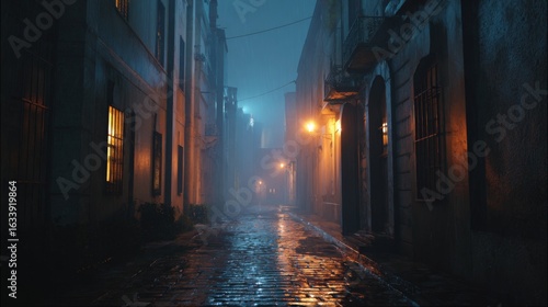 Rainy Night on Cobblestone Street Old City Alleyway Dimly Lit Buildings