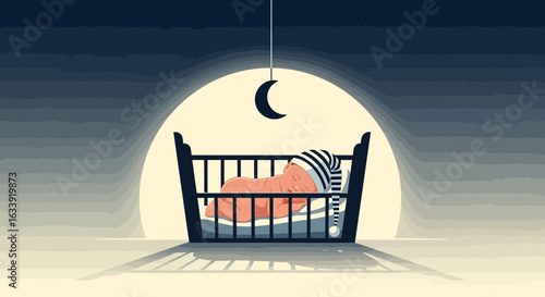 Serene Illustration Of A Baby Sleeping Peacefully Underneath A Crescent Moon