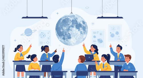 Students Learning About Lunar Exploration In Classroom With Moon Model