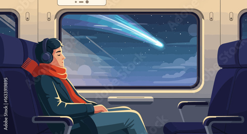 Train Journey Dreamland: A Man's Tranquil Ride Through Cosmic Wonder