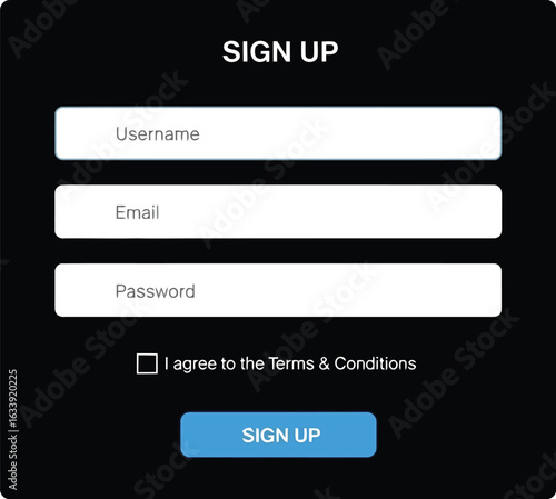 Sign up form with username, email, and password fields for account registration, terms and conditions checkbox and submit button included