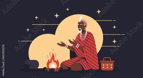 Tribal Elder Sits by Campfire Offering Hands to Stars Under Moonlight