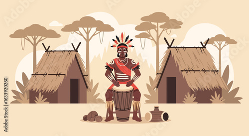Tribal Village Scene Featuring Indigenous Musician Playing Traditional Drum