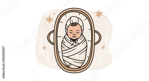 Stylized Infant In Cozy Bassinet Surrounded By Celestial And Botanical Elements