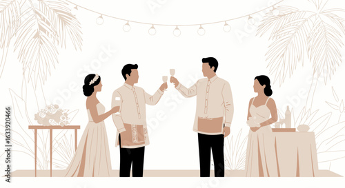 Tropical Wedding Celebration With Couples Toasting and Enjoying the Event