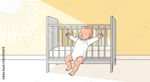 Sunbeam Bathed Infant Sleeping Peacefully In a Modern Crib Illustration