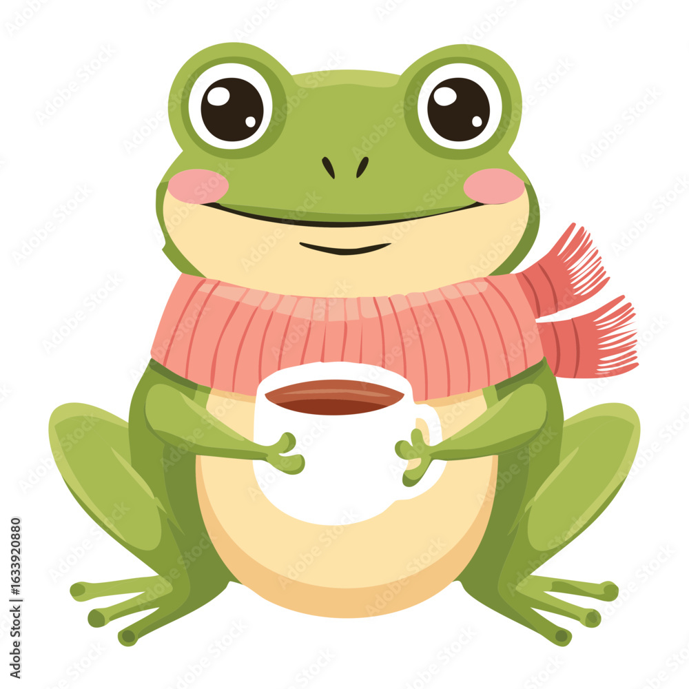 Fototapeta premium Happy Frog Character With Scarf Holding Cup