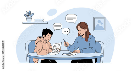 Supportive Tutoring Session Featuring a Child Sharing His Artwork With a Tutor