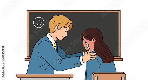 Supportive Teacher Comforting a Student Who Is Crying in Classroom