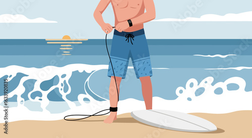 Surfer Prepares For Waves On Sandy Beach At Sunrise Beach Summer