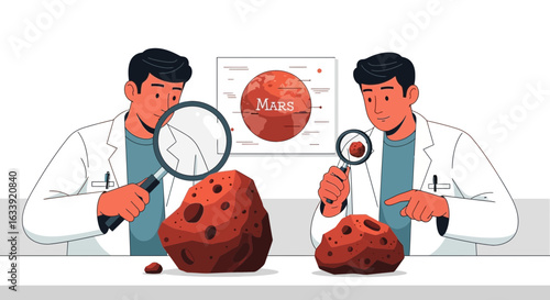 Two Scientists Investigating Rock Sample from Mars for Scientific Study