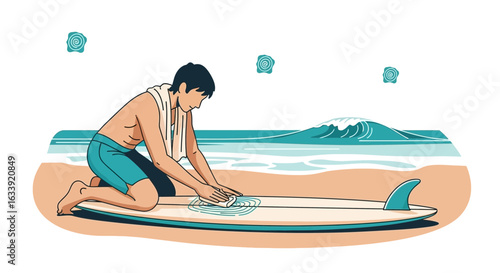 Surfer Cleans His Surfboard On The Beach Before Riding The Wave