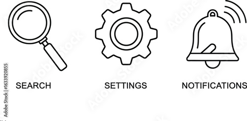 Search settings and notifications icons, representing common functions in digital interfaces and applications for user interaction and control