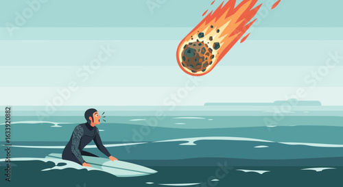 Surfer Witnessing Fiery Meteor Approaching Ocean With Dramatic Impact Potential