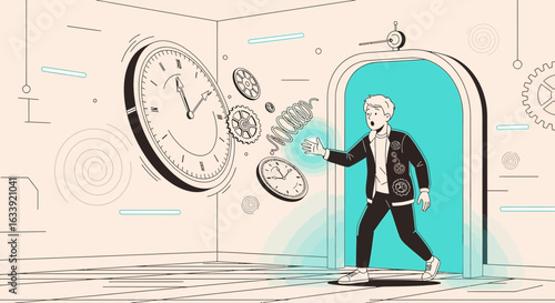 Surprised Man Encountering Mechanical Time Distortion Through Portal