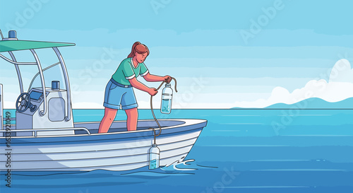 Environmental Scientist Collecting Water Samples from Boat for Marine Research