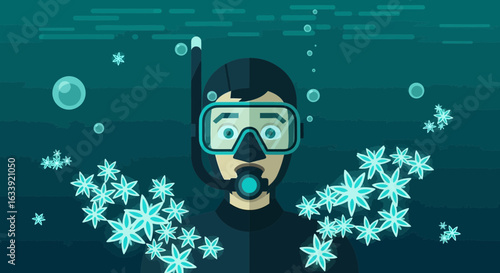 Surprised Scuba Diver Encounters a Beautiful Reef Underwater Exploration Concept