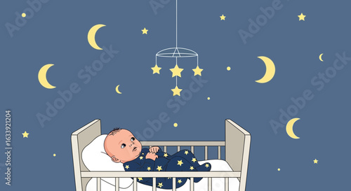 Sweet Dreams Infant Relaxing In Crib Under Starry Night Sky Illustration