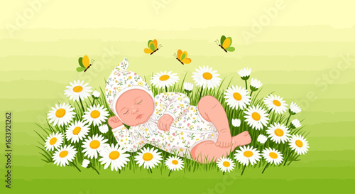Sweet Dreams Newborn: Baby Asleep in Daisy Field with Butterflies