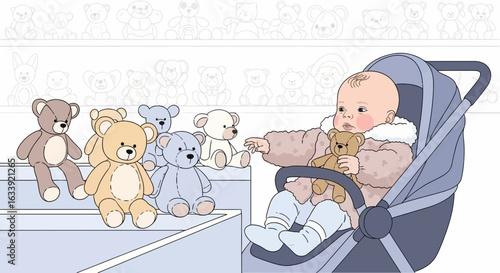 Sweet Selection A Baby Chooses Teddy Bears In An Illustration For A Nursery