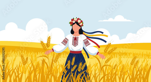 Ukrainian Woman In Embroidered Shirt And Wreath Stands In A Wheat Field