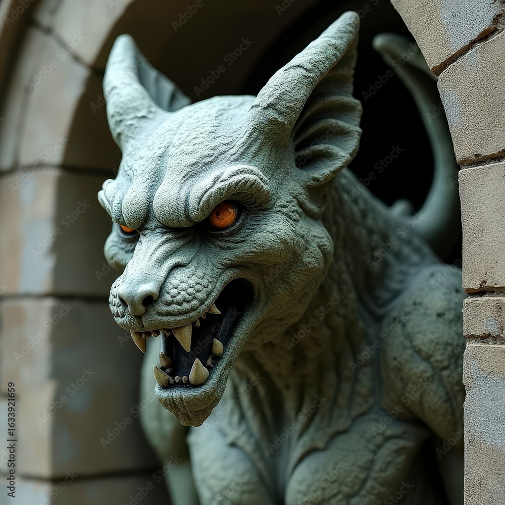 Fototapeta premium Stone Gargoyle Statue Guardian on Dark Background