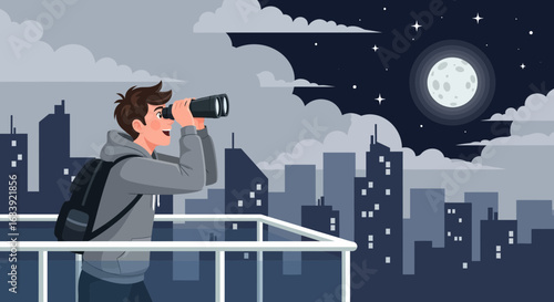 Urban Observer Gazing Through Binoculars On Balcony At Cityscape Night