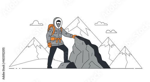 Vector Illustration Of A Climber At The Top Of A Mountain With Winter Landscape
