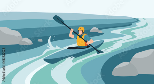 Vector Illustration Of A Person Kayaking In A River Surrounded By Rocks