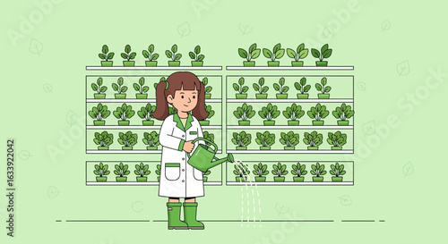 Vertical Farming Innovation Young Scientist Watering Plants In Modern Greenhouse