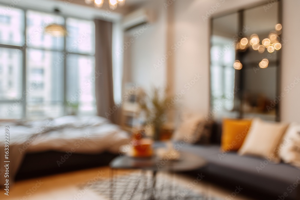 custom made wallpaper toronto digitalBlurry modern apartment interior with bed, couch, and windows