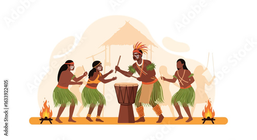 Vibrant Tribal Celebration Dancing Around The Drum And Fire In Traditional Village